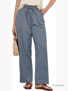 High Waisted Wide Leg Striped Pants in Cotton Linen Blend